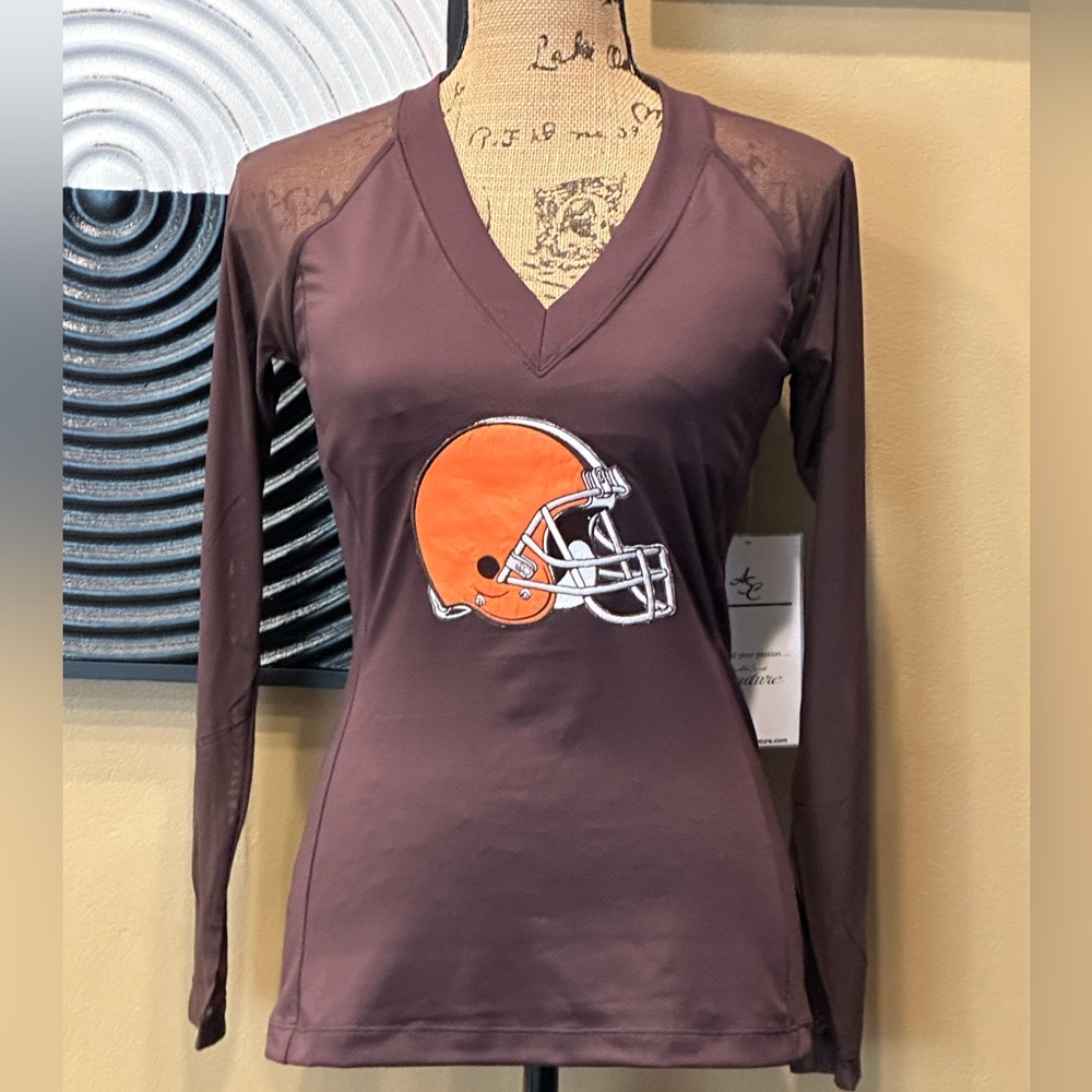 NWT Womens CLEVELAND BROWNS All Sport Couture Sheer Sleeve Open Back Top~w/Bra~M